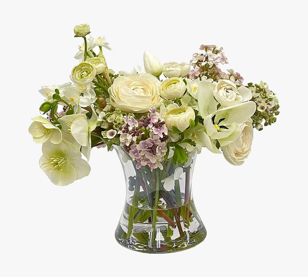 Faux Ranunculus & Lilac Mix In Glass Vase | Pottery Barn (US)