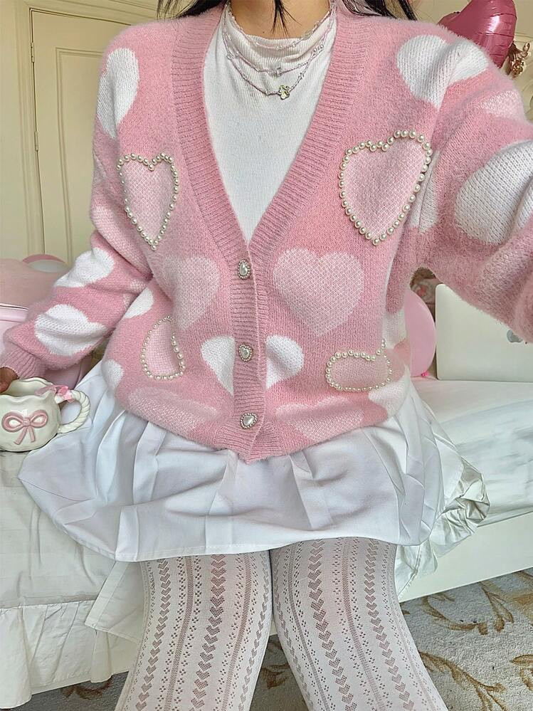 POPSWAY Contrast Color Valentine's Day Heart Pattern Pearl Accent Sweater Cardigan, V-Neck Pullov... | SHEIN