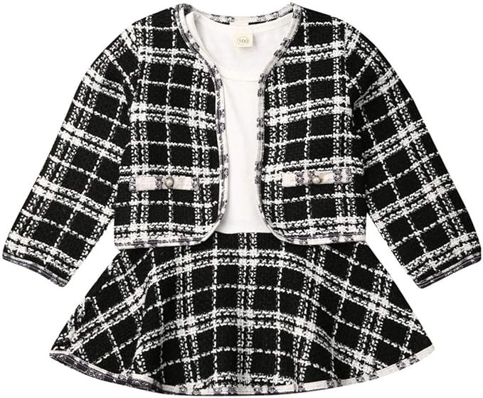 2Pcs Toddler Baby Girls Kid Long Sleeve Plaid Cardigan Coat Outwear +Plaid Dress Tutu Skirt Princ... | Amazon (US)