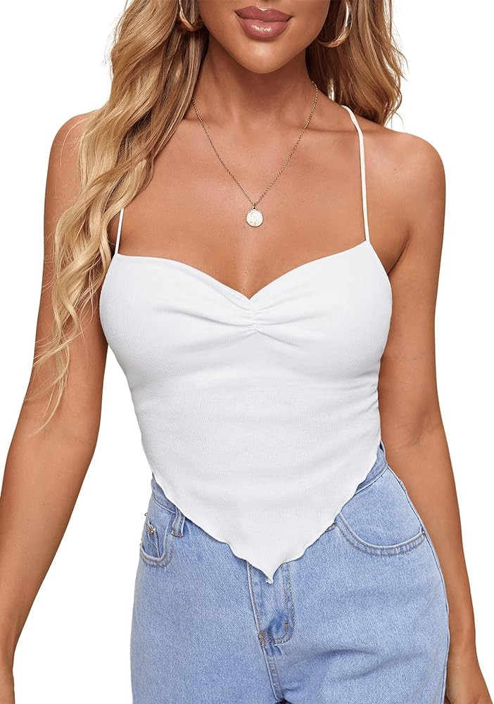 Verdusa Women's Criss Cross Backless Strappy Asymmetrical Hem Crop Cami Top | Amazon (US)