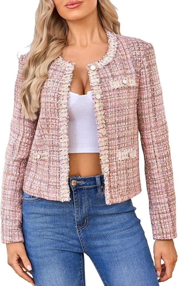 Women's Tweed Blazers Cropped Long Sleeve Crewneck Open Front Lace Trim Lightweight Plaid Work Bu... | Amazon (US)