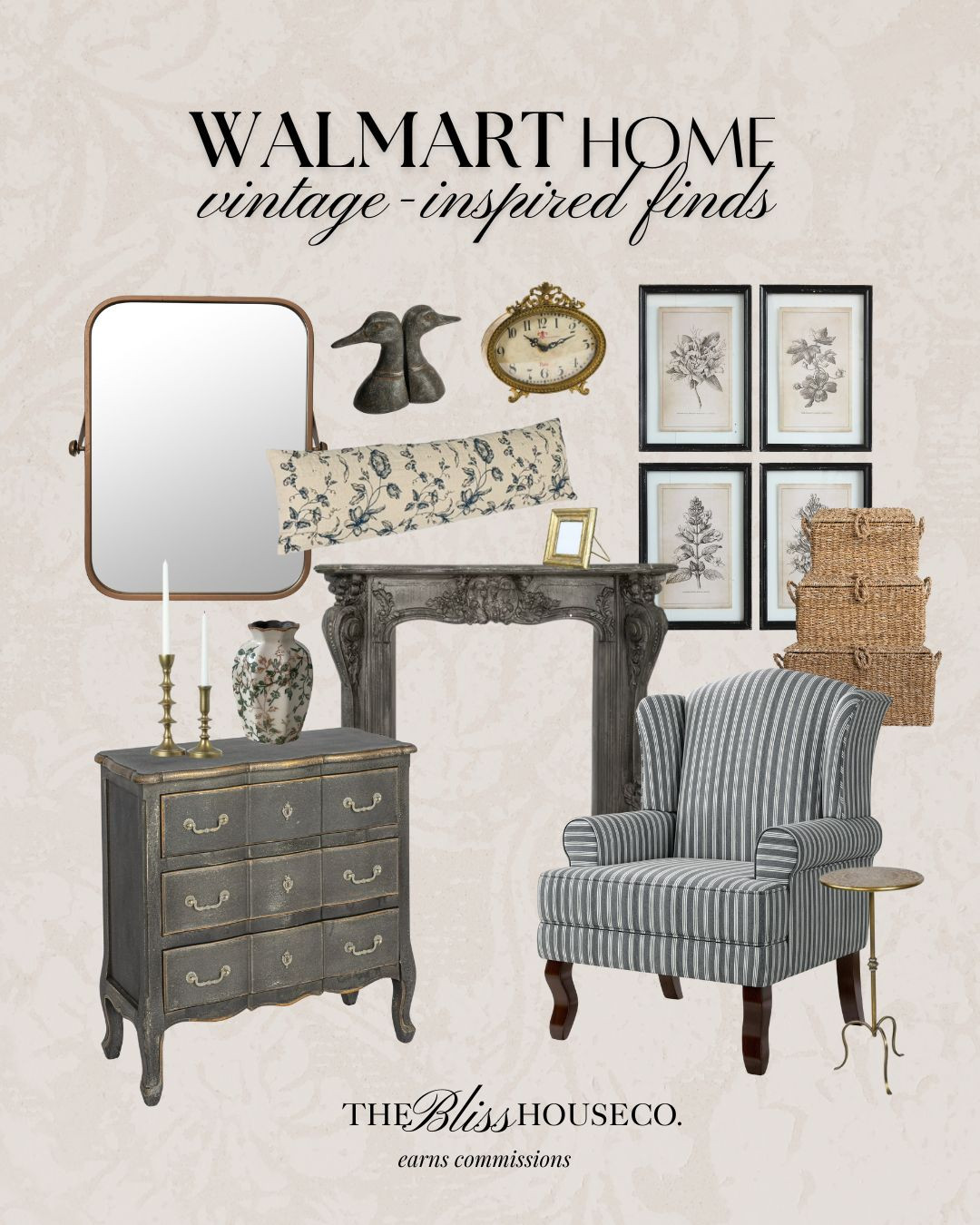 Cozy vintage-inspired home finds for less! All from Walmart. Home accents, mantle, cabinet, striped accent chair, candle holder sticks, brass mirror, floral pillow, duck bookends, clock, botanical wall art, affordable decor, modern-vintage, neutral finds, Walmart home. 

 #LTKHome