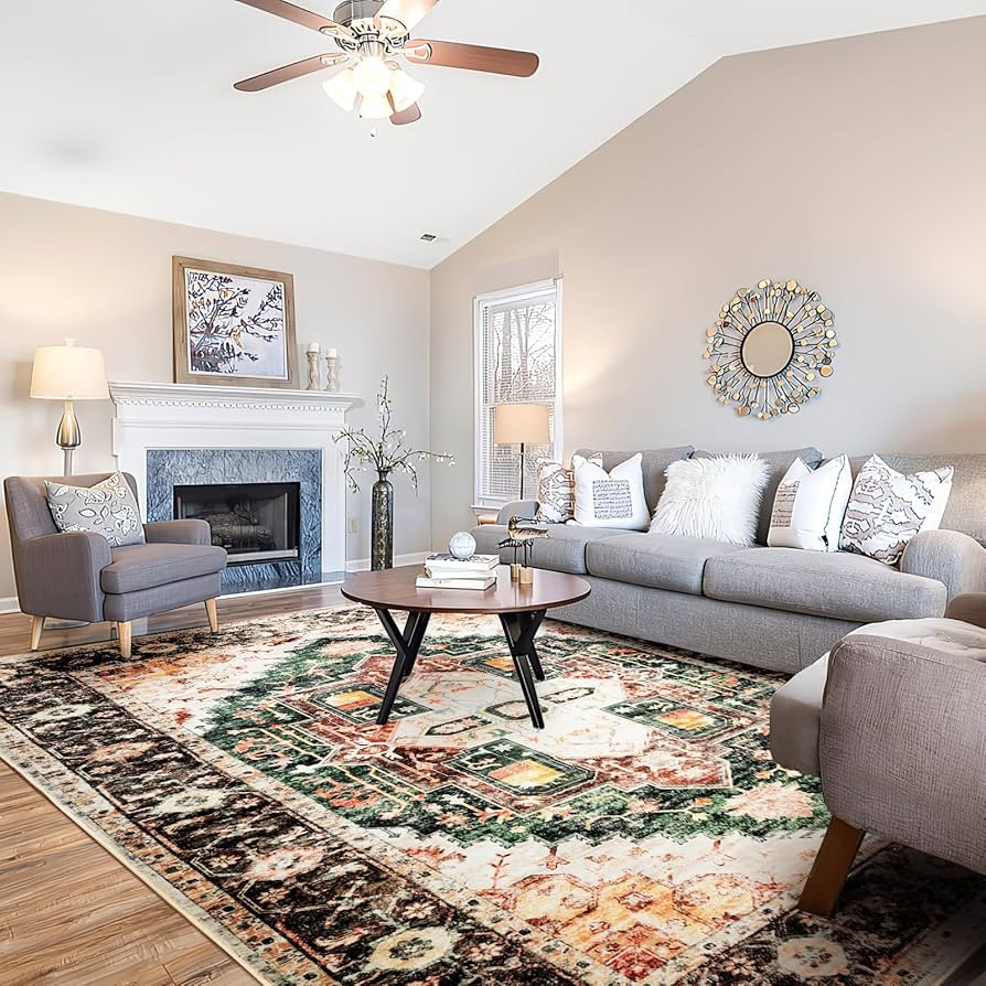 Washable 8x10 Area Rugs, Rugs for Living Room, Low-Pile Water&Stain Resistant Carpet Vintage Dist... | Amazon (US)