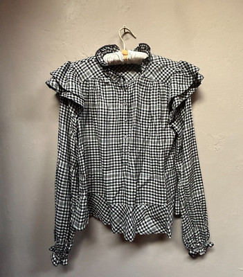 Faherty Womens XS Black White Gingham Long Sleeve Sandia Top Button Up Ruffle  | eBay | eBay US
