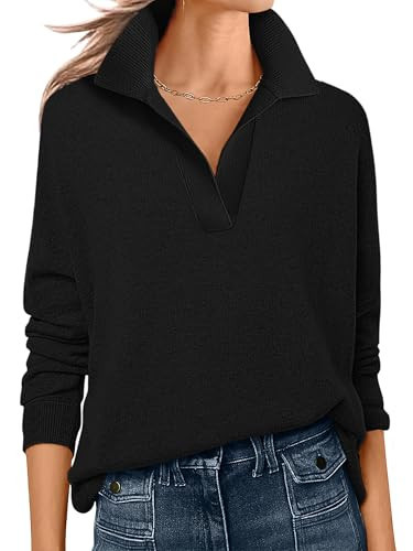 ANRABESS Womens Polo V Neck Long Sleeve Sweaters Lightweight Dressy Casual Business Basic Knit Pullover Top 2025 Fall Outfits Black Medium | Amazon (US)