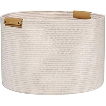 Large Woven Rope Storage Baskets with Leather Handles, 20"x 13.3" Cotton Laundry Baskets for Blan... | Amazon (US)