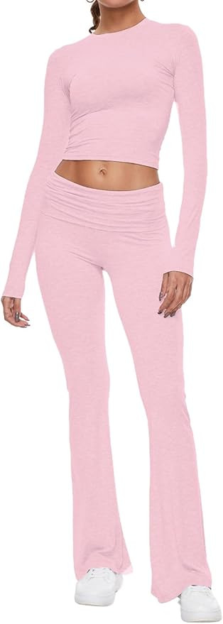 AnotherChill Women's 2 Piece Lounge Sets Fold-over Flare Pants Set Long Sleeve Cropped Top Casual... | Amazon (US)