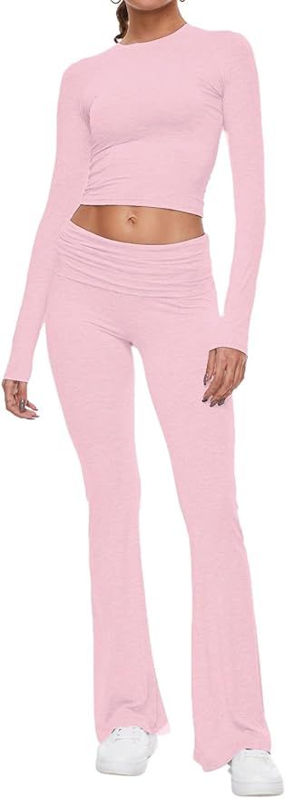 AnotherChill Women's 2 Piece Lounge Sets Fold-over Flare Pants Set Long Sleeve Cropped Top Casual... | Amazon (US)