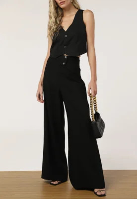 Calça Maria Filó Pantalona Botões Preta | Dafiti (BR)