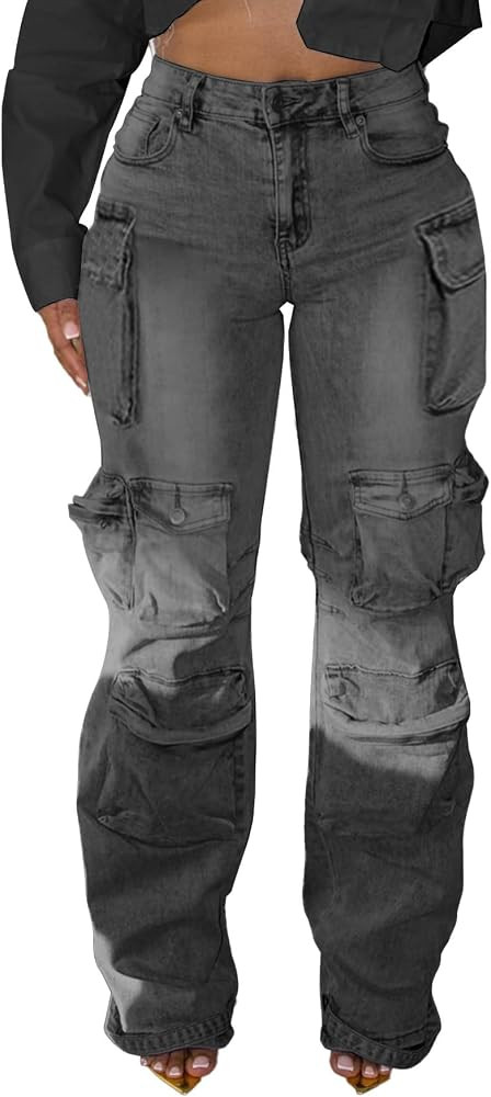 Unybwonn Women Rhinestone Cargo Jeans High Waisted Baggy Sexy Sparkly Cut Out Ripped Distressed S... | Amazon (US)