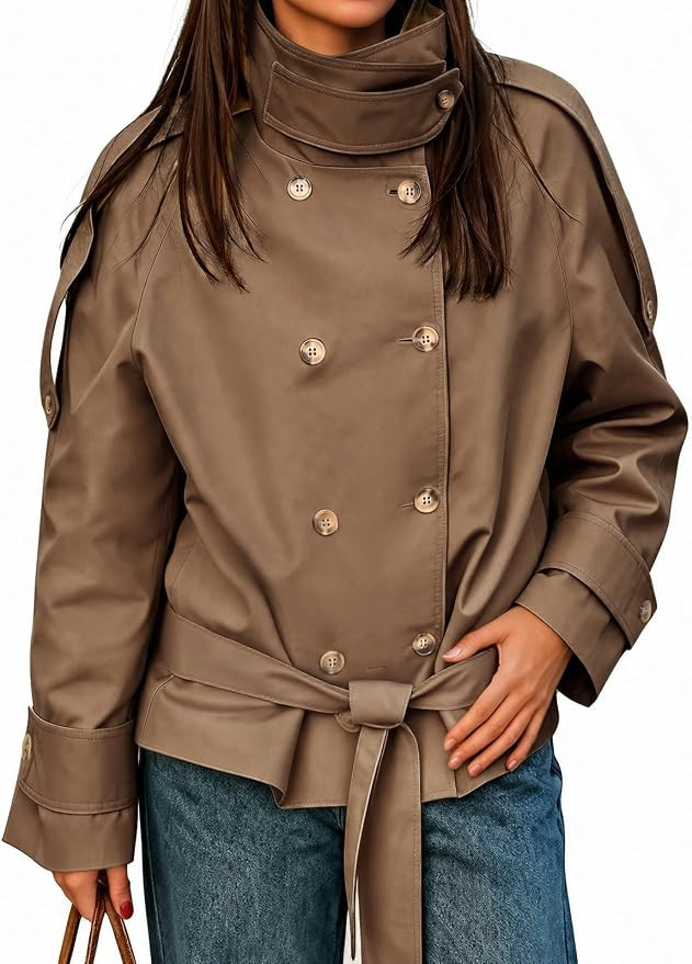 Cicy Bell Womens Short Trench Coats Double Breasted Casual Belt Fall Jacket | Stand Collar, Polka... | Amazon (US)