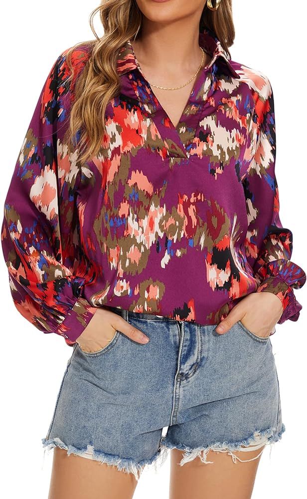 Freemale Women's Casual Boho Abstract Floral Tops V Neck Long Sleeve Curved Hem Loose Blouses Shi... | Amazon (US)
