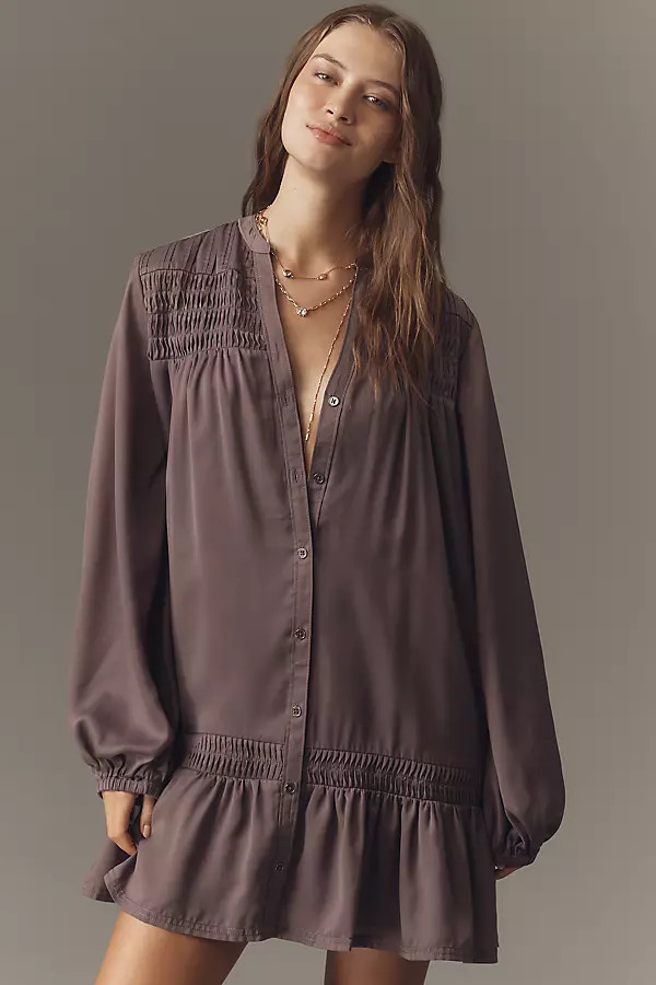Pilcro Long-Sleeve V-Neck Mini Shirt Dress | Anthropologie (US)