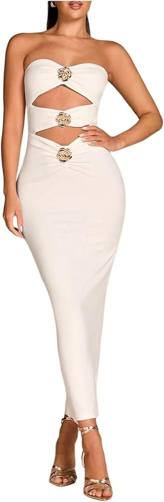 Milumia Women's Metal Cut Out Strapless Tube Top Dress Bodycon Maxi Dresses Party Cocktail | Amazon (US)