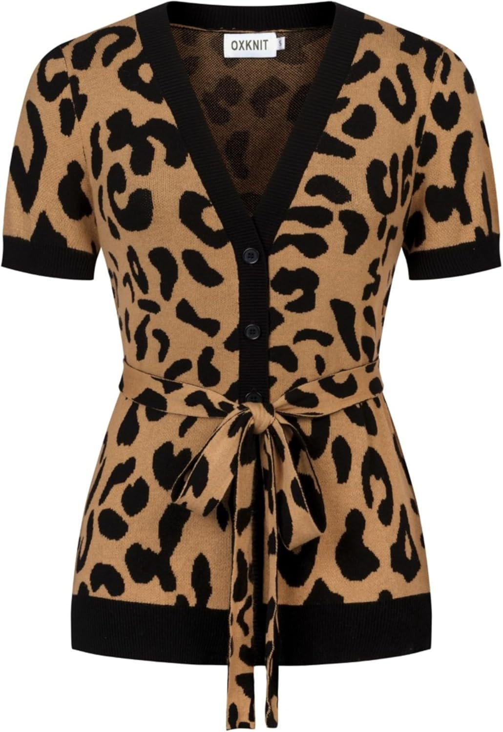 OXKNIT Women's Retro Knit Jacquard Cardigan, Leopard Pattern V-Neck Button Down Khaki Black Short Sleeve Tops with Tie | Amazon (US)