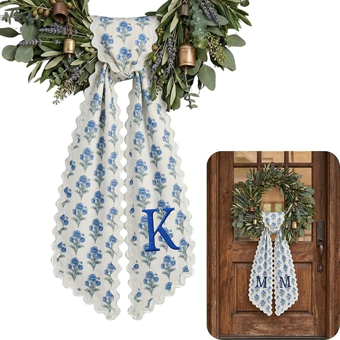Monogram Wreath Sash Bow for Front Door, 54 Inch Hydrangea Wreath Ribbon with Initial Name, Farmh... | Amazon (US)