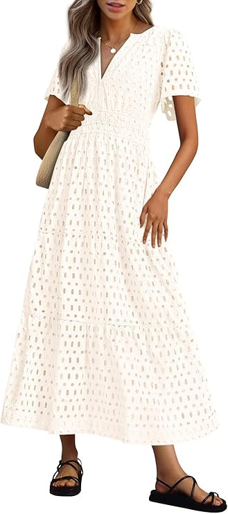 PRETTYGARDEN Womens 2025 Summer Maxi Dress Short Sleeve V Neck Hollow Out Eyelet A Line Long Flow... | Amazon (US)