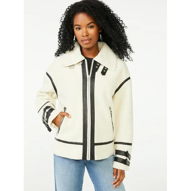 Scoop Allover Faux Sherpa Moto Jacket - Walmart.com | Walmart (US)