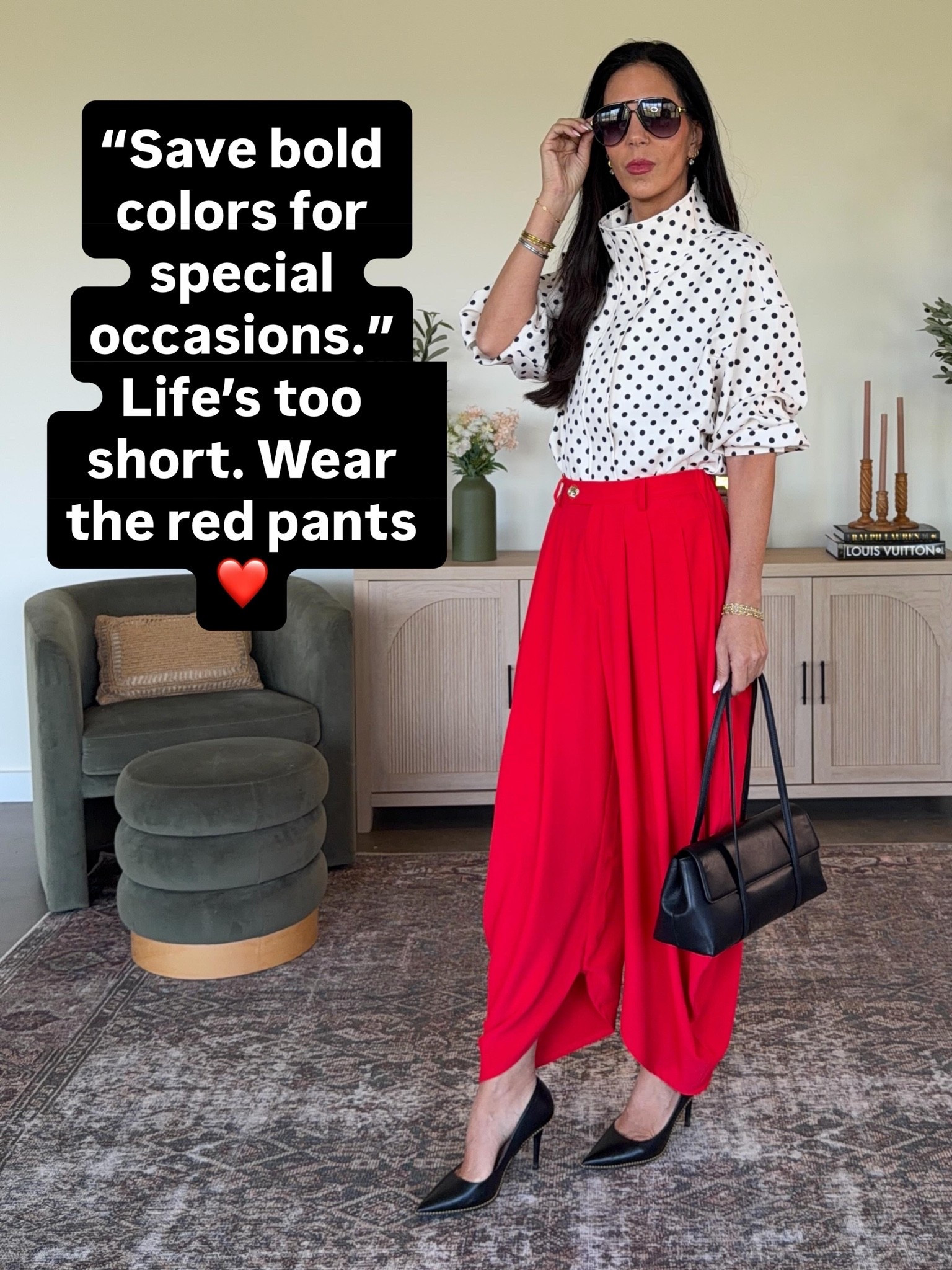 These Amazon red pants are stunning! 
Medium pants- size up 
Polka dot jacket- small