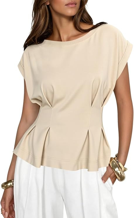 Cicy Bell Womens Peplum Tops Summer Babydoll Cap Sleeve T-Shirts Dressy Casual Crew Neck Pleated ... | Amazon (US)
