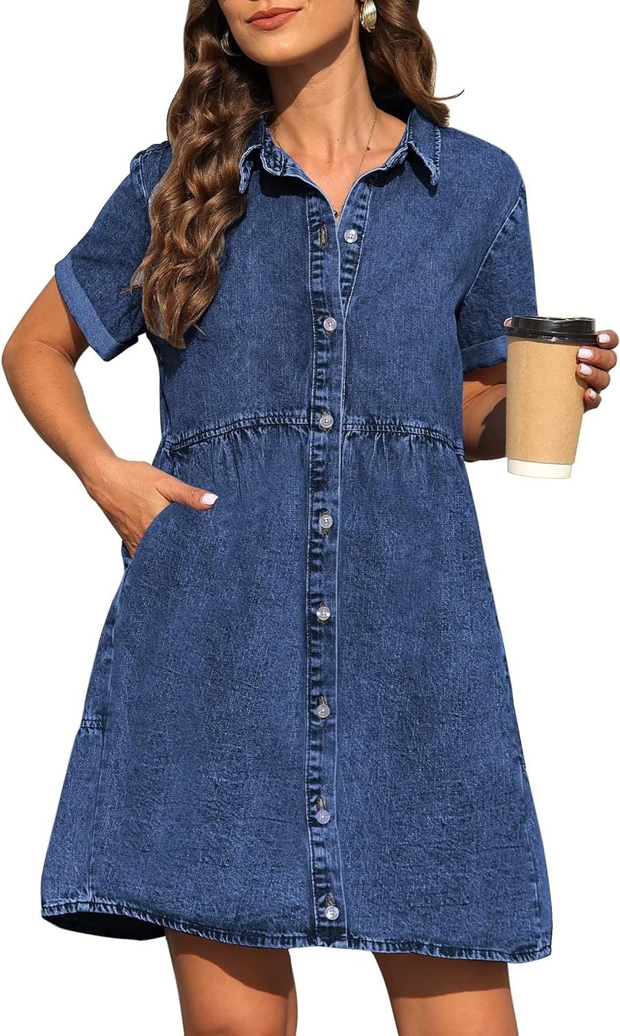 KDF Denim Dress for Women with Pockets Short Sleeve Babydoll Denim Shirt Dresses for Women 2023 | Amazon (US)
