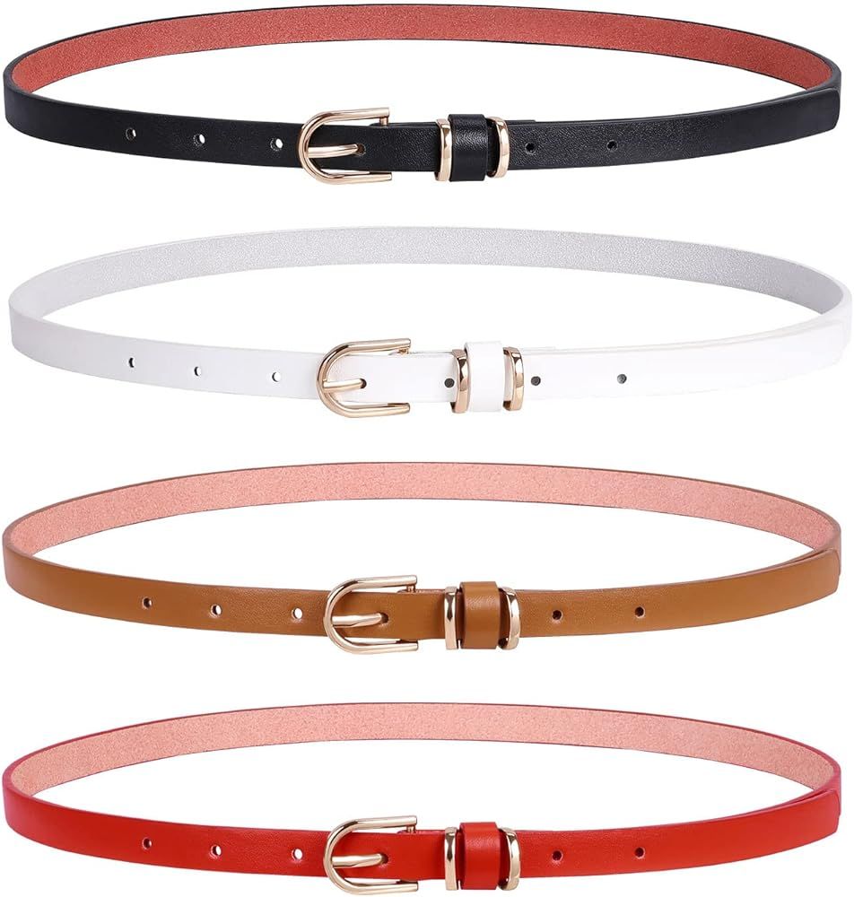 SANSTHS 4 Pack Women Thin Belts for Jeans Dresses Coats Skinny Women Belt with Gold Alloy Buckle | Amazon (US)
