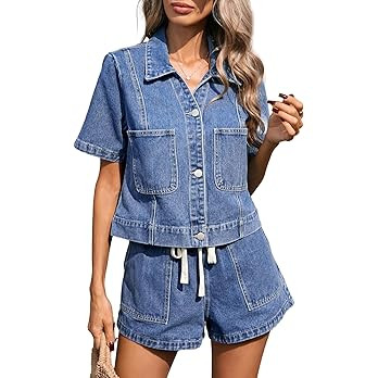 Kedera Women's Denim Two Piece Outfits Cropped Button Front Shirt Drawstring Jean Shorts Lounge S... | Amazon (US)