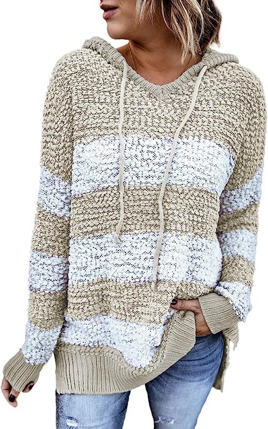 Biucly Women's Color Block Knit Hoodies Sweaters Loose Long Sleeve V Neck Drawstring Pullover Swe... | Amazon (US)