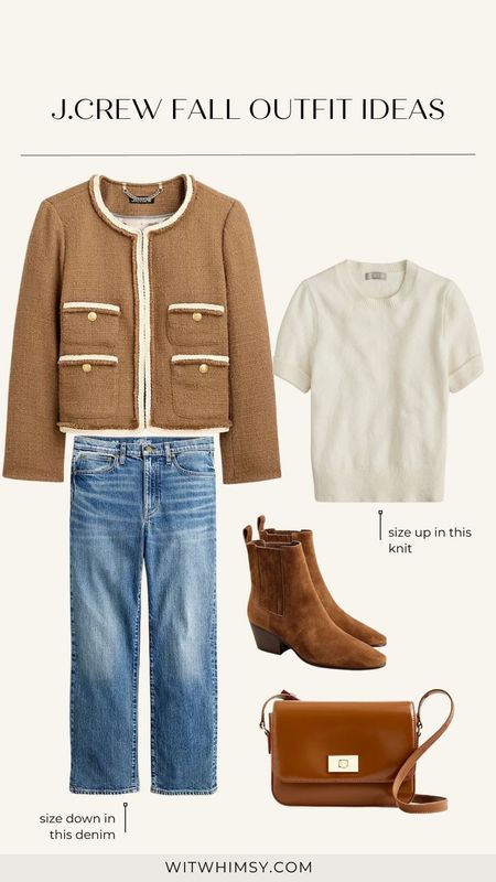 Jcrew fall outfit inspiration featuring camel lady jacket and short sleeve sweater with straight leg jeans and suede ankle
Boot 

#LTKSeasonal