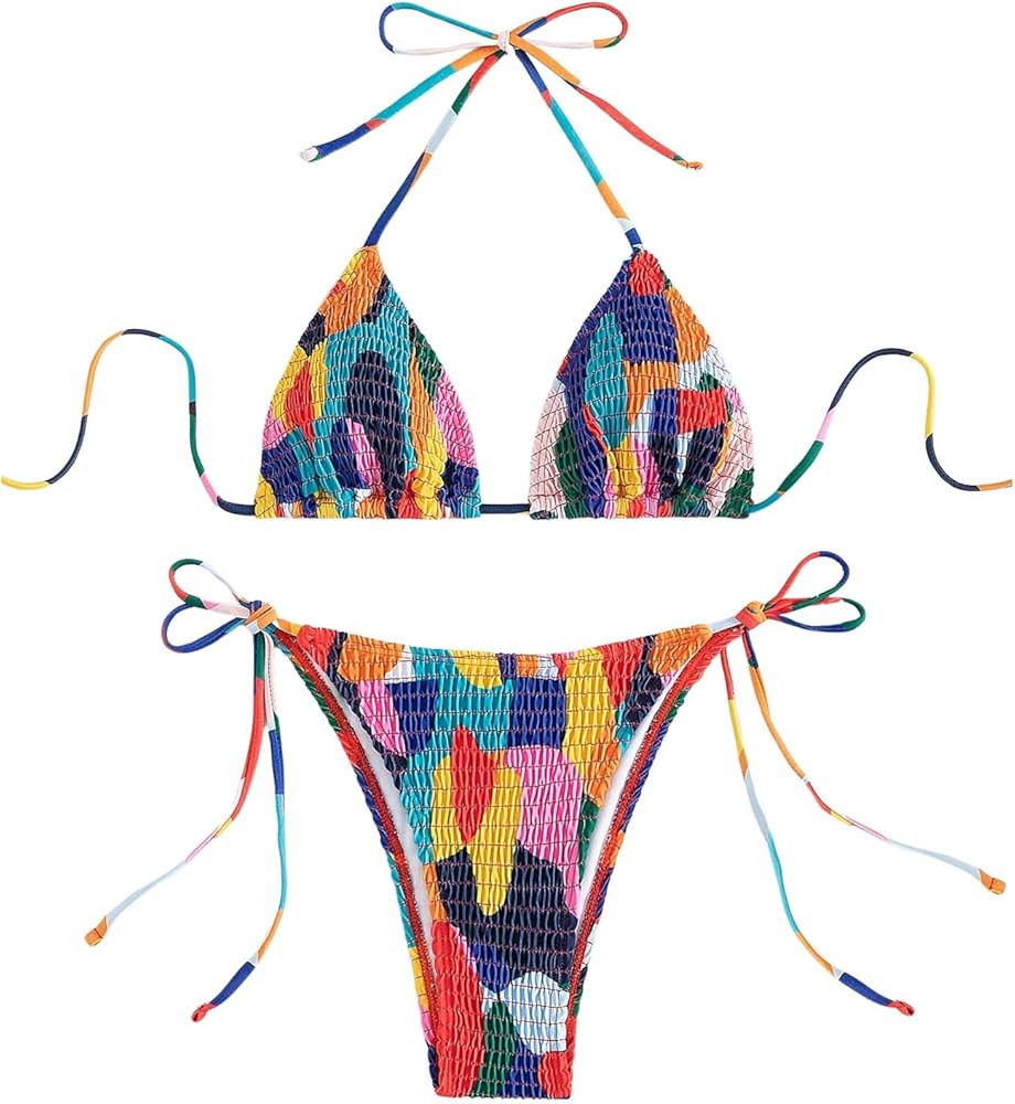 WDIRARA Women's 2 Piece Color Block Halter Triangle Bikini Set Smocked Drawstring Side Swimsuit | Amazon (US)
