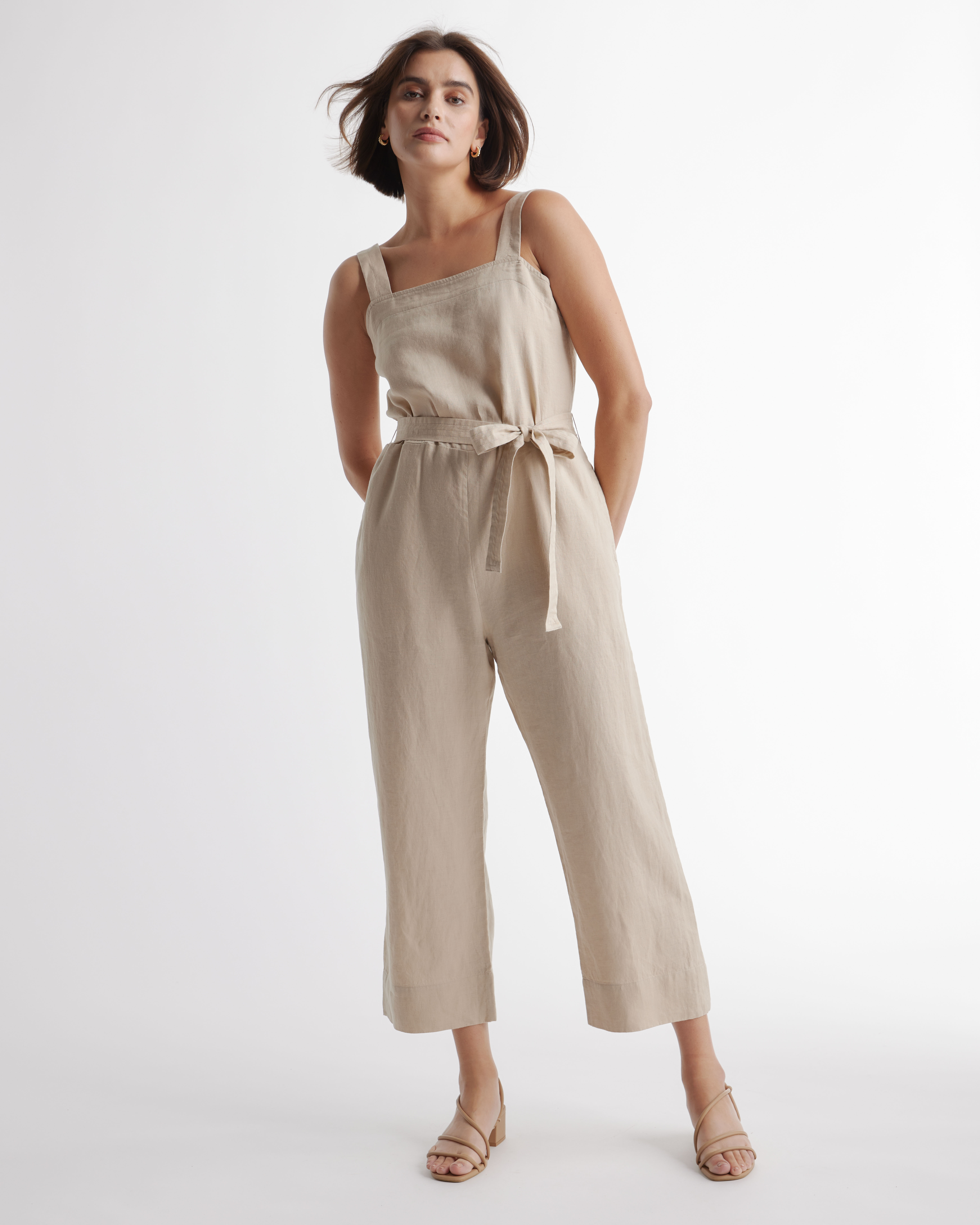 Quince | Women's 100% European Linen Square Neck Jumpsuit in Driftwood, Size XL | Quince