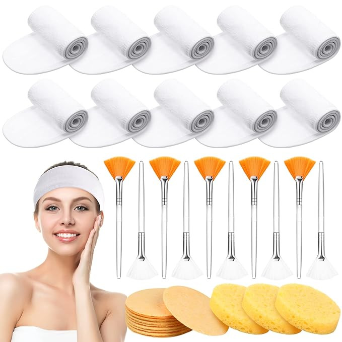 10 Pcs Spa Facial Headband White Towel Makeup Head Wrap with 10 Pcs Facial Fan Brushes and 50 Pcs... | Amazon (US)