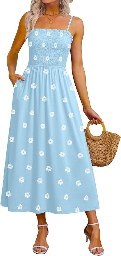 OFEEFAN Womens Spaghetti Strap Maxi Dresses Smocked with Pockets 2026 Summer Spring Casual Boho B... | Amazon (US)