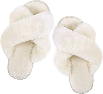 Slippers for Women,Cross Band Soft Plush Fleece Slip On House Open Toe Slippers Indoor Outdoor | Amazon (US)
