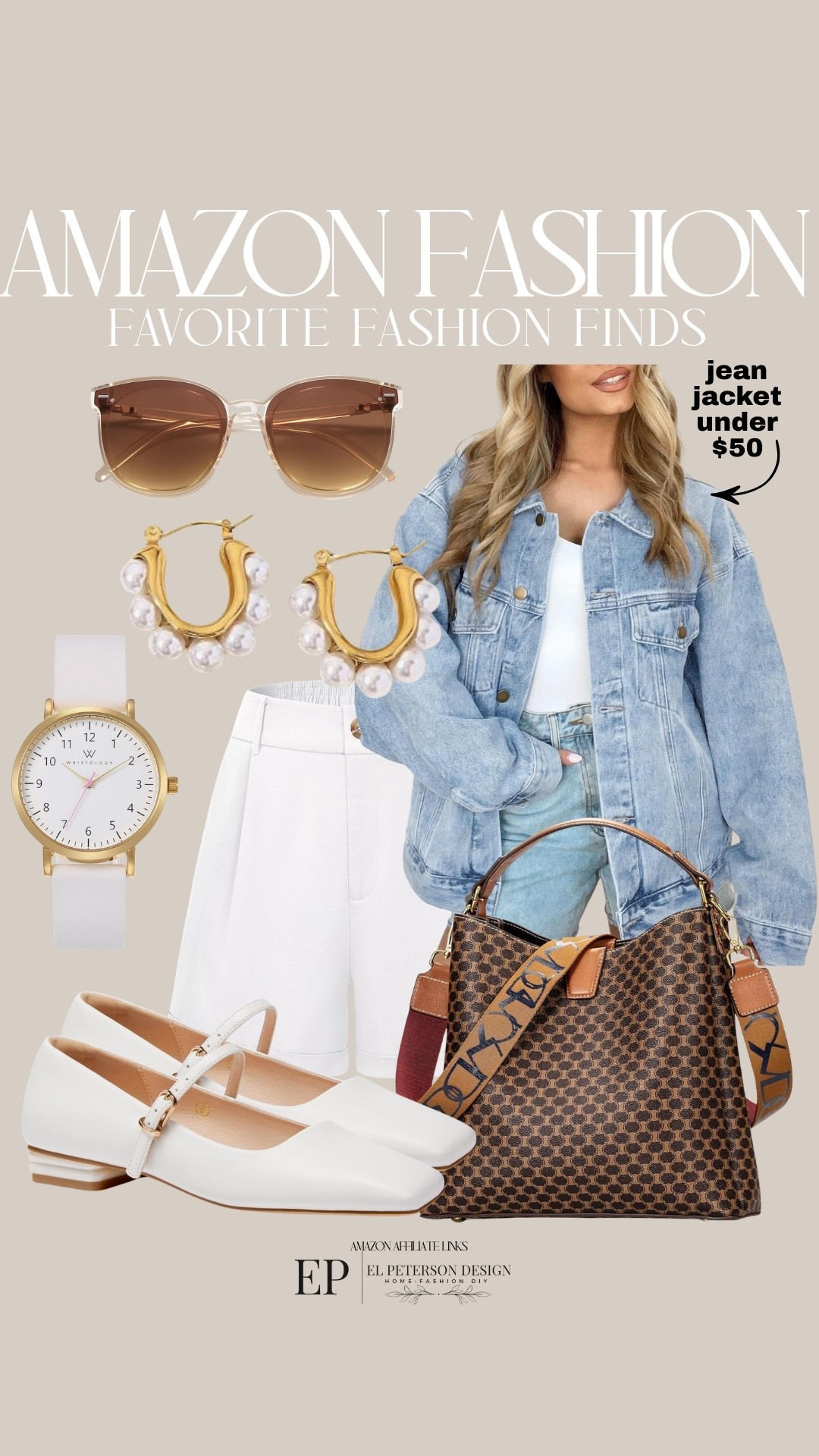 Amazon
Jean jacket
Shorts
Sunglasses 
Earrings 
Watch
Maryjane flats
Purse