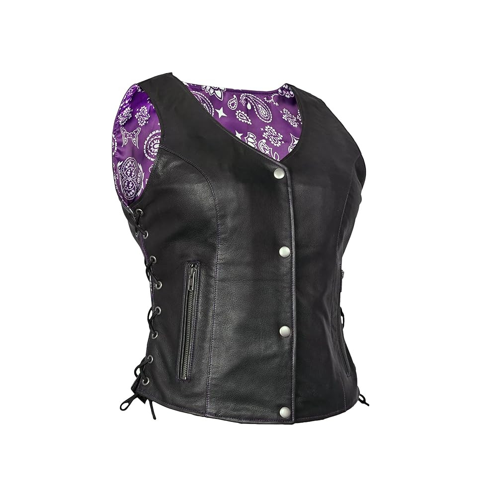 Daniel Smart Black Women Leather Vest Goat Skin Leather Riding Vest with Unique Purple Paisley Lining & Multiple Carry Pocket | Amazon (US)