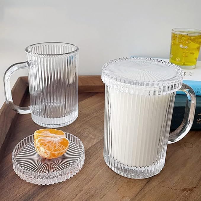 11 oz Vintage Ribbed Clear Glass Coffee Mugs- Classic Vertical Stripes Coffee Cup with Glass Lid ... | Amazon (US)