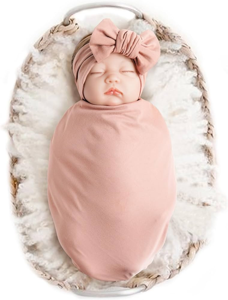 Konssy Baby Girl Newborn Receiving Blanket with Headband Set Baby Swaddle Nursery Swaddle Wrap | Amazon (US)