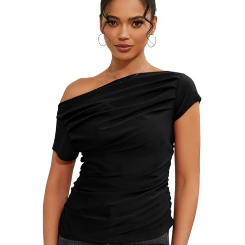 SPSHODOW Neck Off Shoulder Top, Womens Off The Shoulder Tops Slim Fit Summer T-Shirt Y2K Clothing(Black) | Amazon (US)