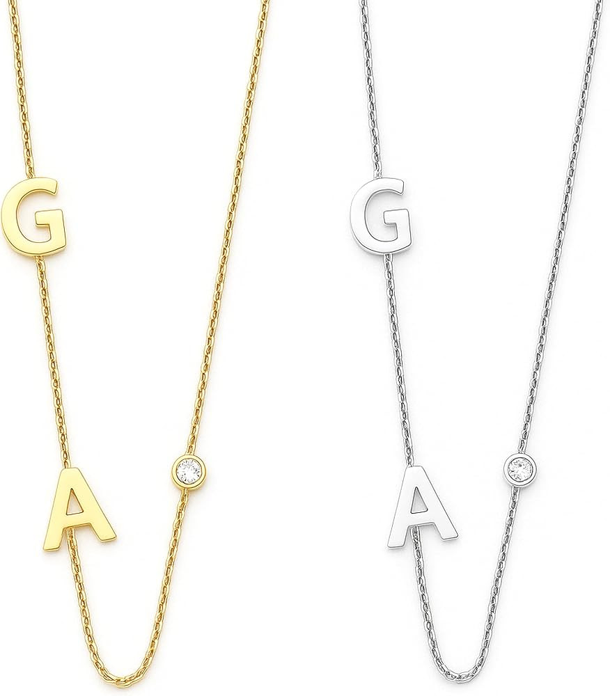 14k Sideways Initial Gold Necklace w Solitaire Diamond, Custom Multiple Letter Necklace, Personal... | Amazon (US)