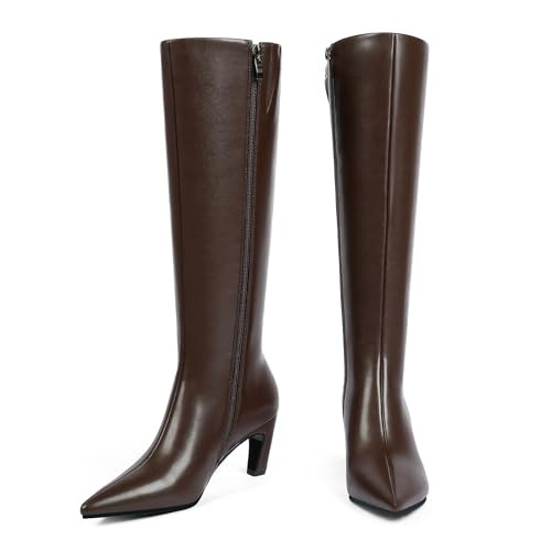 Modatope Brown Knee High Boots for Women Pointed Toe Kitten Heel Tall Womens Faux Leather Knee High Fall Brown Chocolate Boots Size 9.5 | Amazon (US)
