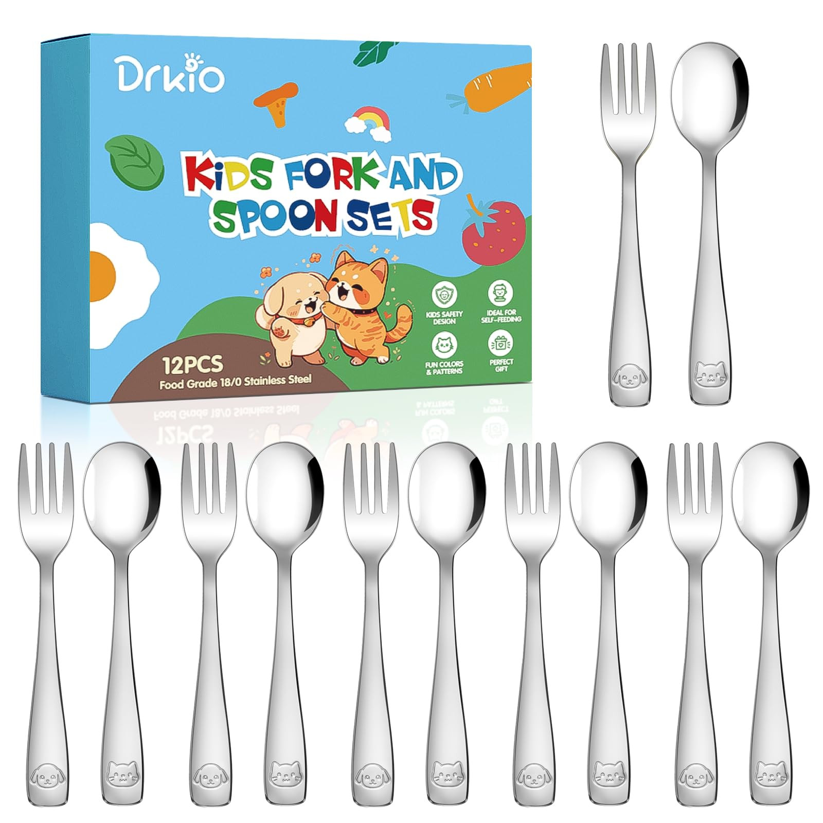 DRKIO Stainless Steel Toddler Utensils Set - 12 Pieces Kids Silverware Set Children Safe Food Gra... | Amazon (US)
