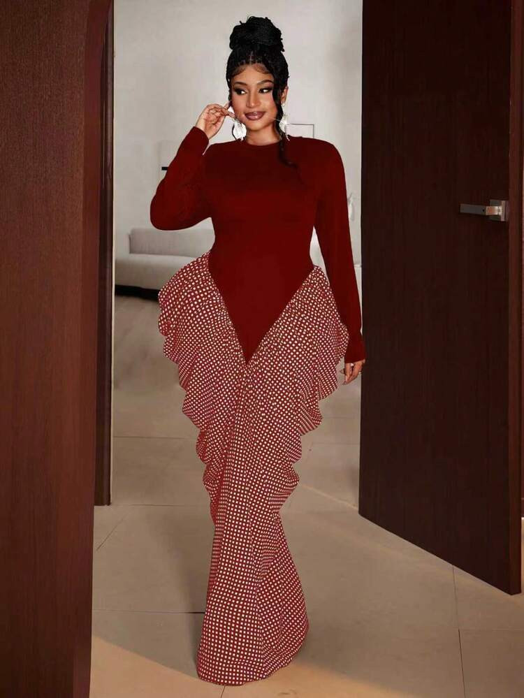 Maweii Plus Size Women Crew Neck Long Sleeve Plaid Print Ruched Fitted Elegant Dress | SHEIN