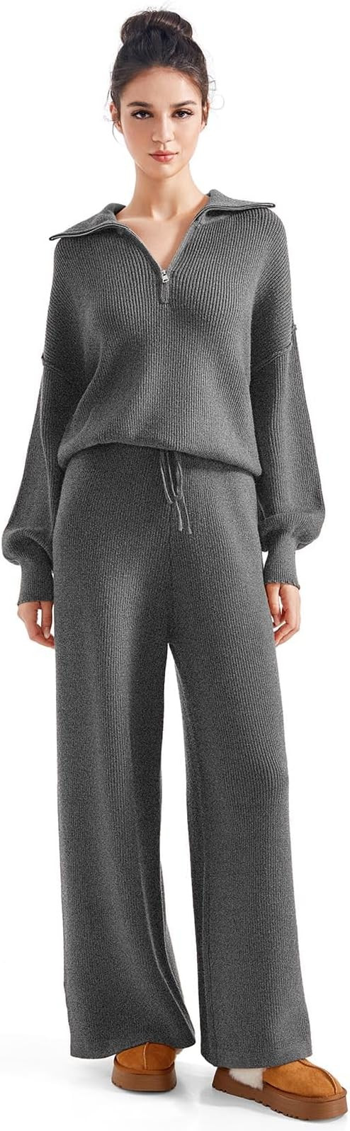 SUUKSESS Women 2 Piece Lounge Sets Oversized Quarter Zip Pullover Wide Leg Pants | Amazon (US)