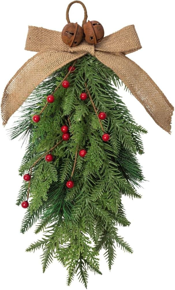 NeoL'artes 20inch Rusty Bell and Burlap Bow Tie Christmas Swags Thick Christmas Swags with Red Be... | Amazon (US)