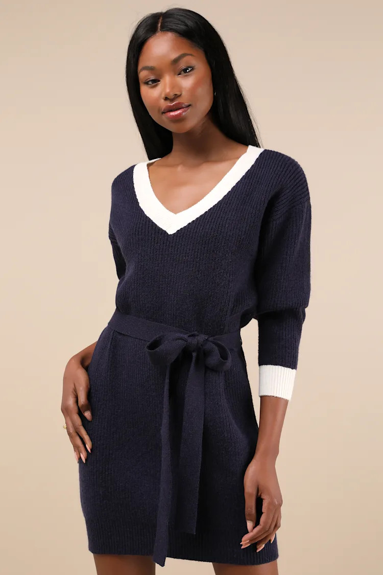 Cuddly Forecast Navy Long Sleeve Belted Sweater Mini Dress | Lulus
