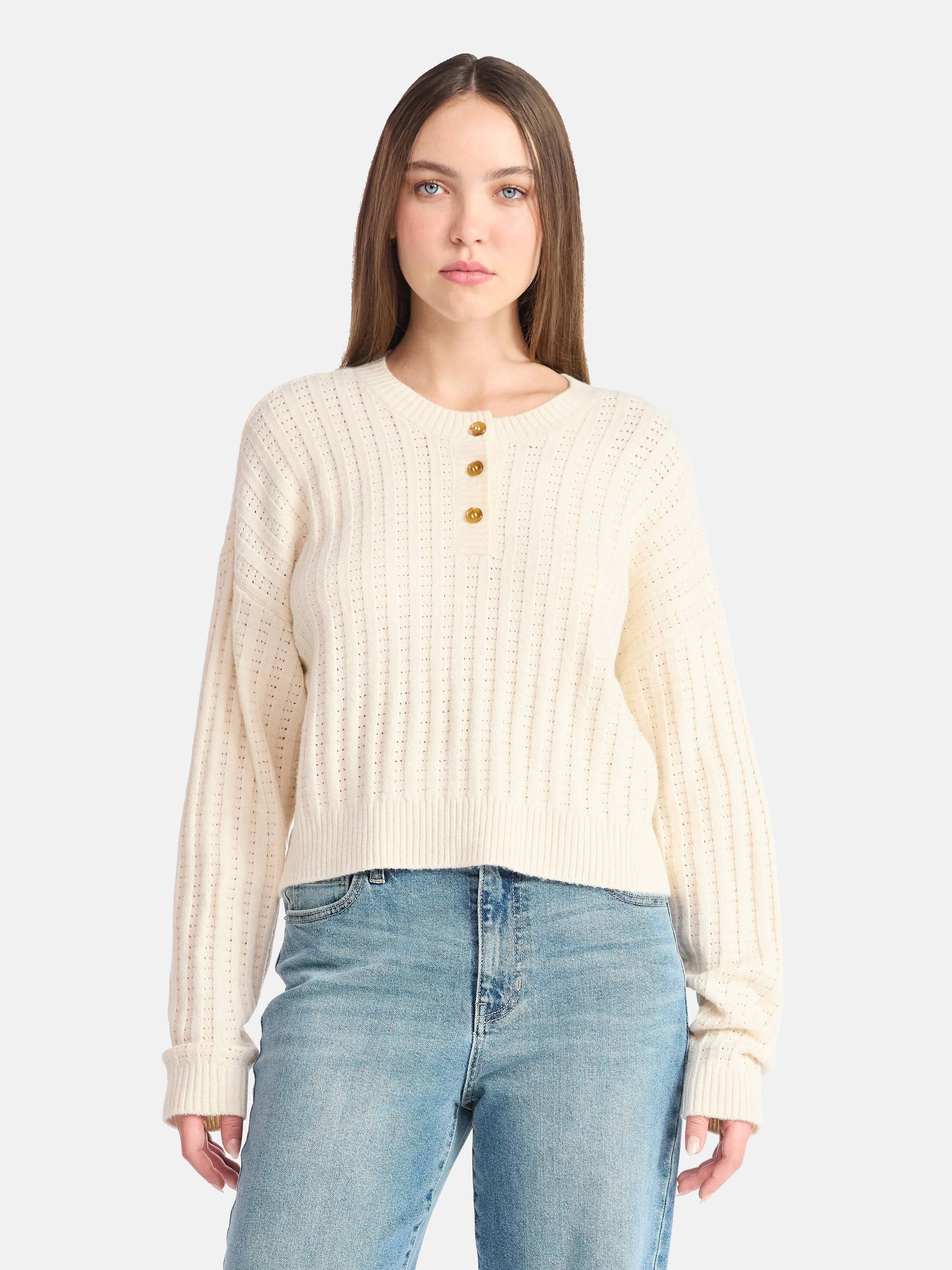 No Boundaries Pointelle Henley Pullover, Women's | Walmart (US)