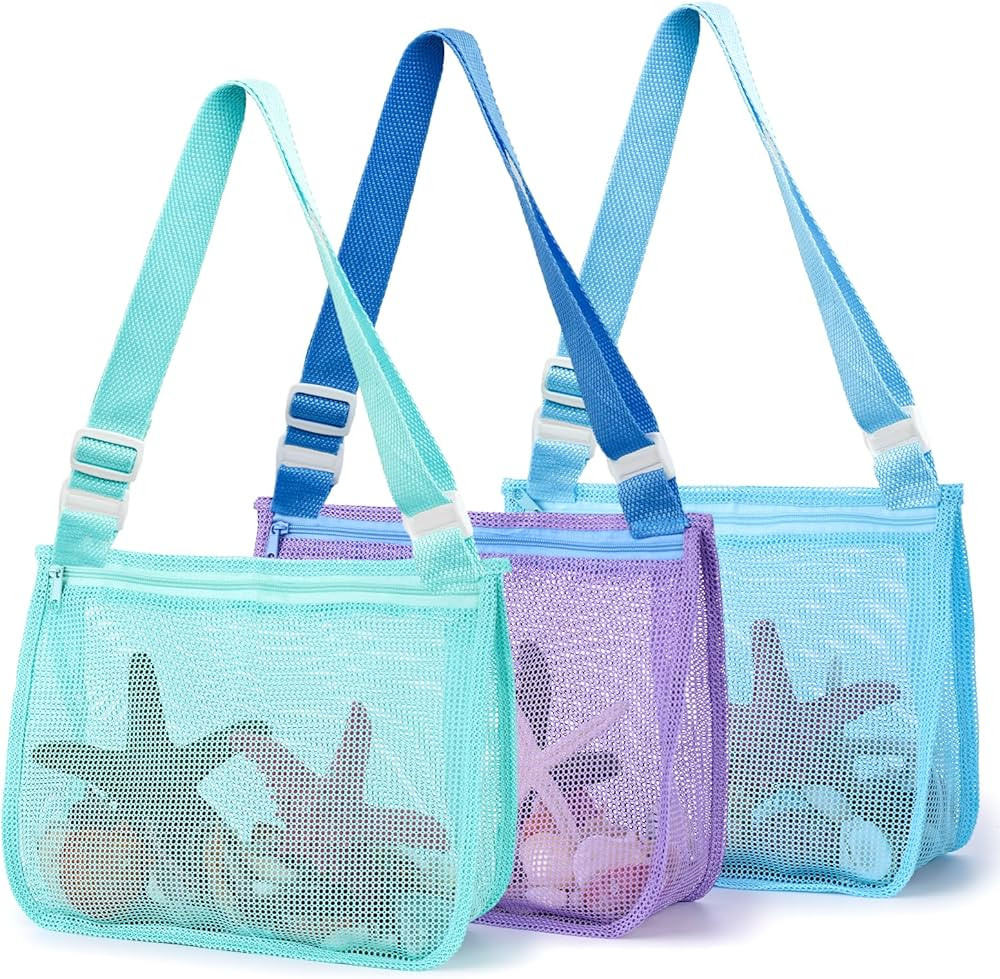 AMOR PRESENT 3PCS Seashell Collecting Bags, Mesh Beach Bags Colorful Seashell Bags Adjustable Str... | Amazon (US)