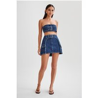 Rowena Denim Buckle Mini Skirt - Dark Blue | MESHKI US