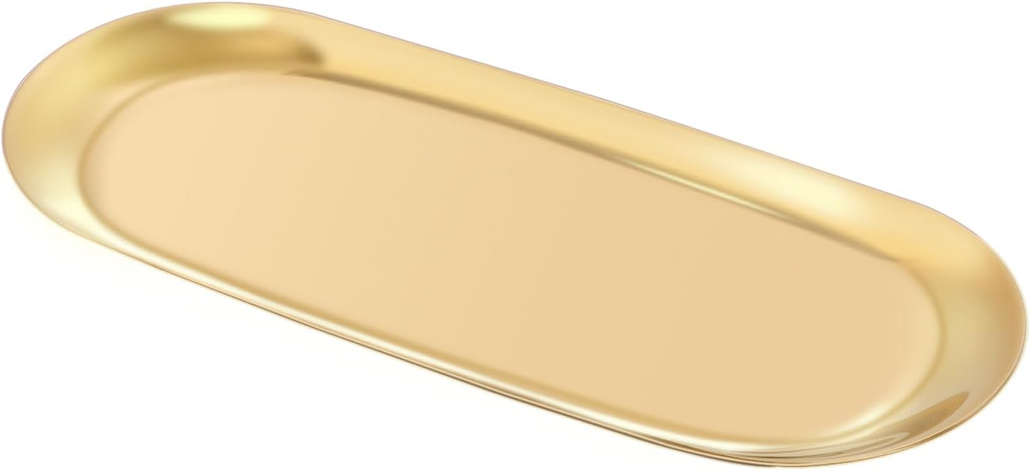 Gold Decorative Tray, Stainless Steel Jewelry Tray Towel/Vanity Tray Dish Plate Tray Tea/Fruit Storage Trays Cosmetics Jewelry Organizer, Gold, Oval | Amazon (US)